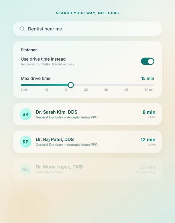 Drive time filter showing search results sorted by actual driving minutes instead of straight-line distance
