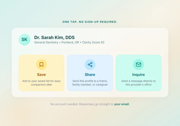 One-tap Save, Share, and Inquire actions on a provider profile with no sign-up required